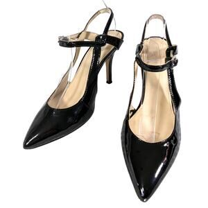 NINE WEST! BLACK PATENT LEATHER, POINTY TOE, WOVEN ANKLE STRAP HEELS! SZ 6.5